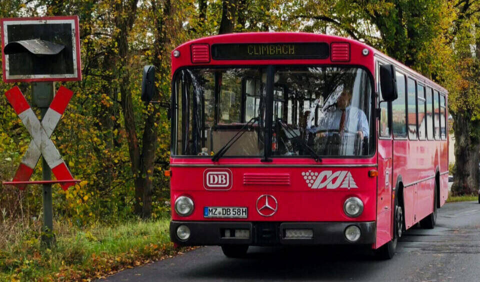 Roter Mercedes-Bus mit DB-Logo fährt auf Landstraße neben Andreaskreuz-Schild im herbstlichen Wald