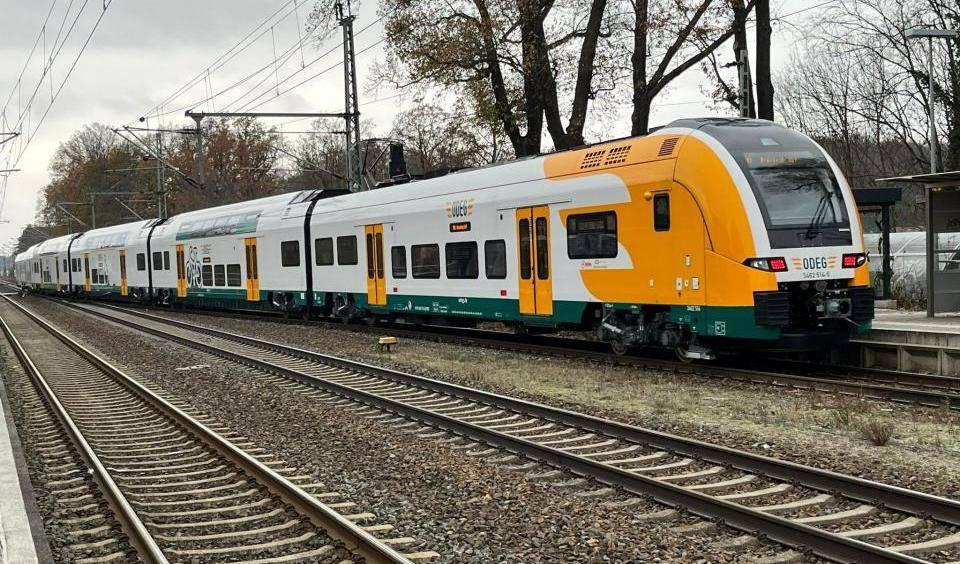 Bahnhof Groß Kreutz Regionalexpress 1der ODEG auf Gleisen an einem Bahnsteig mit Oberleitungen und kahlen Bäumen im Hintergrund