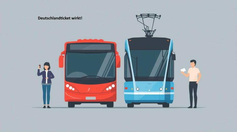 Bus und Straßenbahn stehen schräg nebeneinander. An der Seite steht eine Frau, die ihr Smartphone in die Kamera hält, daneben ein Mann mit einem Fahrschein.