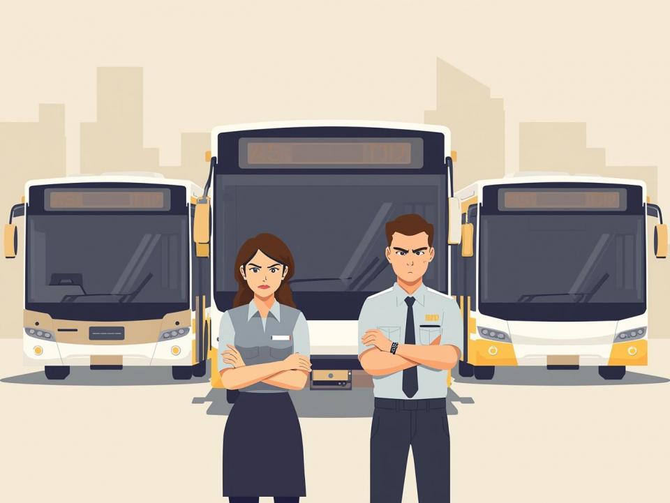 Zwei Personen mit verschränkten Armen stehen vor drei Bussen in einer Reihe