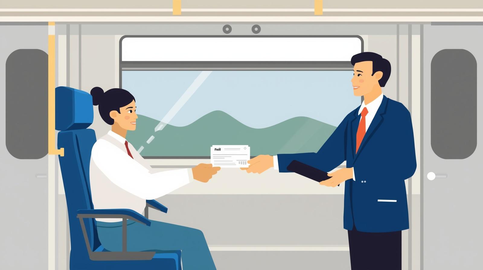 In einem Abteil kontrolliert ein Bahnmitarbeiter den Fahrausweis einer Reisenden.