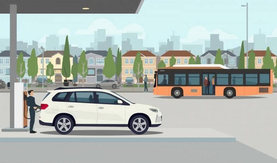 Illustration einer weißen Limousine an einer Tankstelle und eines orangefarbenen Busses vor einer Häuserzeile in einer Stadt