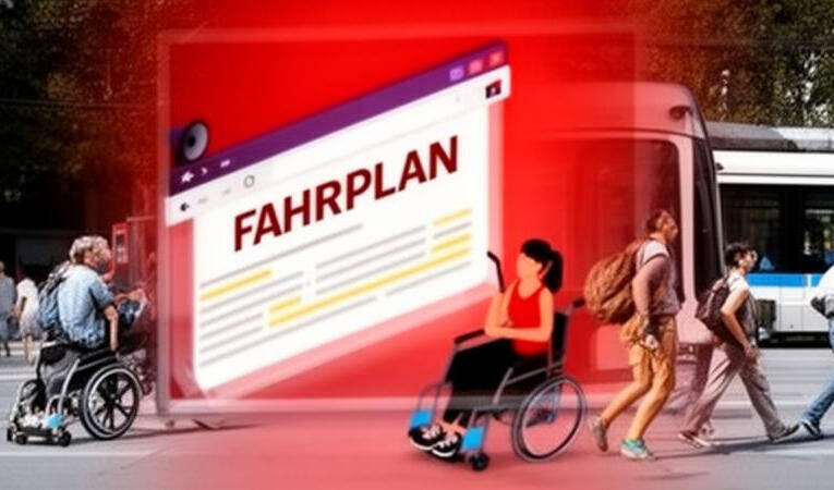 Menschen, darunter zwei Rollstuhlfahrer, gehen vor einer Straßenbahn, daneben eine digitale Anzeige mit dem Wort 'FAHRPLAN'