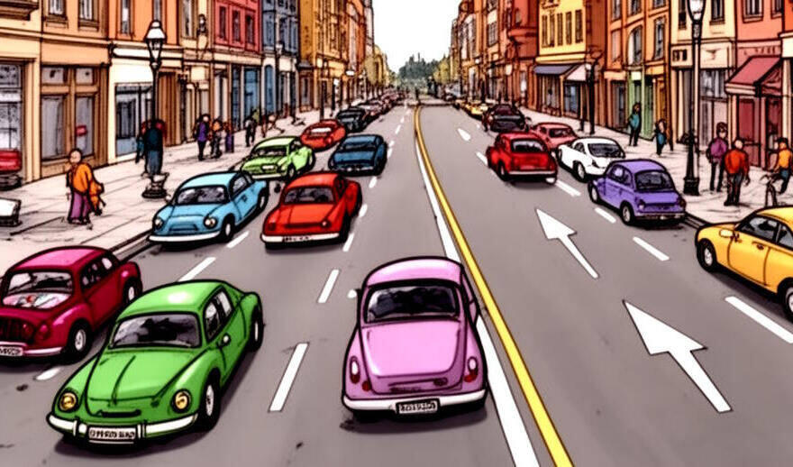 Das Bild zeigt eine belebte, mehrspurige Stadtstraße im Comic-Stil mit farbenfrohen, altmodischen Autos in beiden Fahrtrichtungen. Die Straße ist von mehrstöckigen Gebäuden mit Geschäften im Erdgeschoss gesäumt, und Fußgänger gehen auf den Bürgersteigen. Die Szene wirkt lebendig und detailreich, mit einer Mischung aus warmen Farbtönen und einer leicht nostalgischen Atmosphäre. Weiße Pfeile auf der Fahrbahn markieren die Fahrtrichtungen.