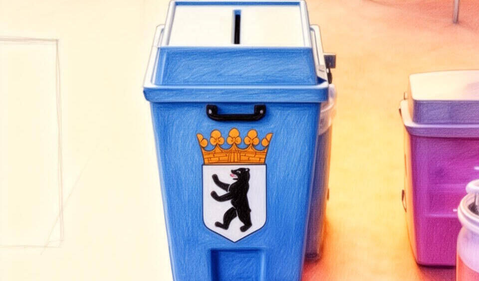 Das Bild zeigt eine stilisierte, farbenfrohe Zeichnung eines blauen Wahlurnen-ähnlichen Behälters, der das Berliner Wappen mit dem schwarzen Bären und der goldenen Krone trägt. Der Behälter steht in einem hellen Raum mit Holzboden, im Hintergrund sind Stühle und Tische zu erkennen. Rechts daneben ist ein Teil einer lila Kiste sichtbar. Die Darstellung hat einen skizzenhaften, fast kindlich-bunten Charakter mit leuchtenden Farben und weichen Konturen.