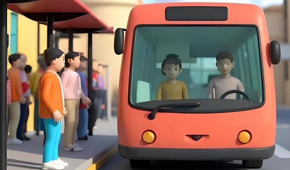 Roter Bus mit Fahrer vorne und mehreren wartenden Personen an einer Haltestelle in einer stilisierten 3D-Animation.