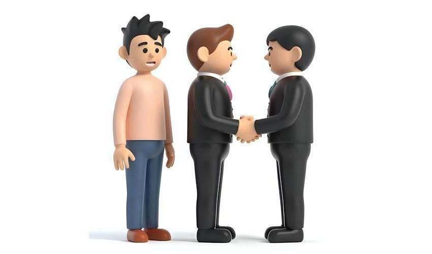 Drei stilisierte Figuren stehen nebeneinander. Zwei von ihnen tragen schwarze Anzüge mit weißen Hemden und Krawatten, sie geben sich die Hand. Die dritte Figur trägt ein helles Oberteil, blaue Hosen und braune Schuhe und steht seitlich neben den beiden anderen.